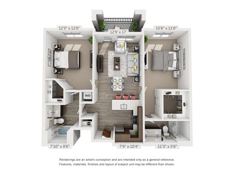 Floor plan for 2 beds, 2 baths, 1117 sqft